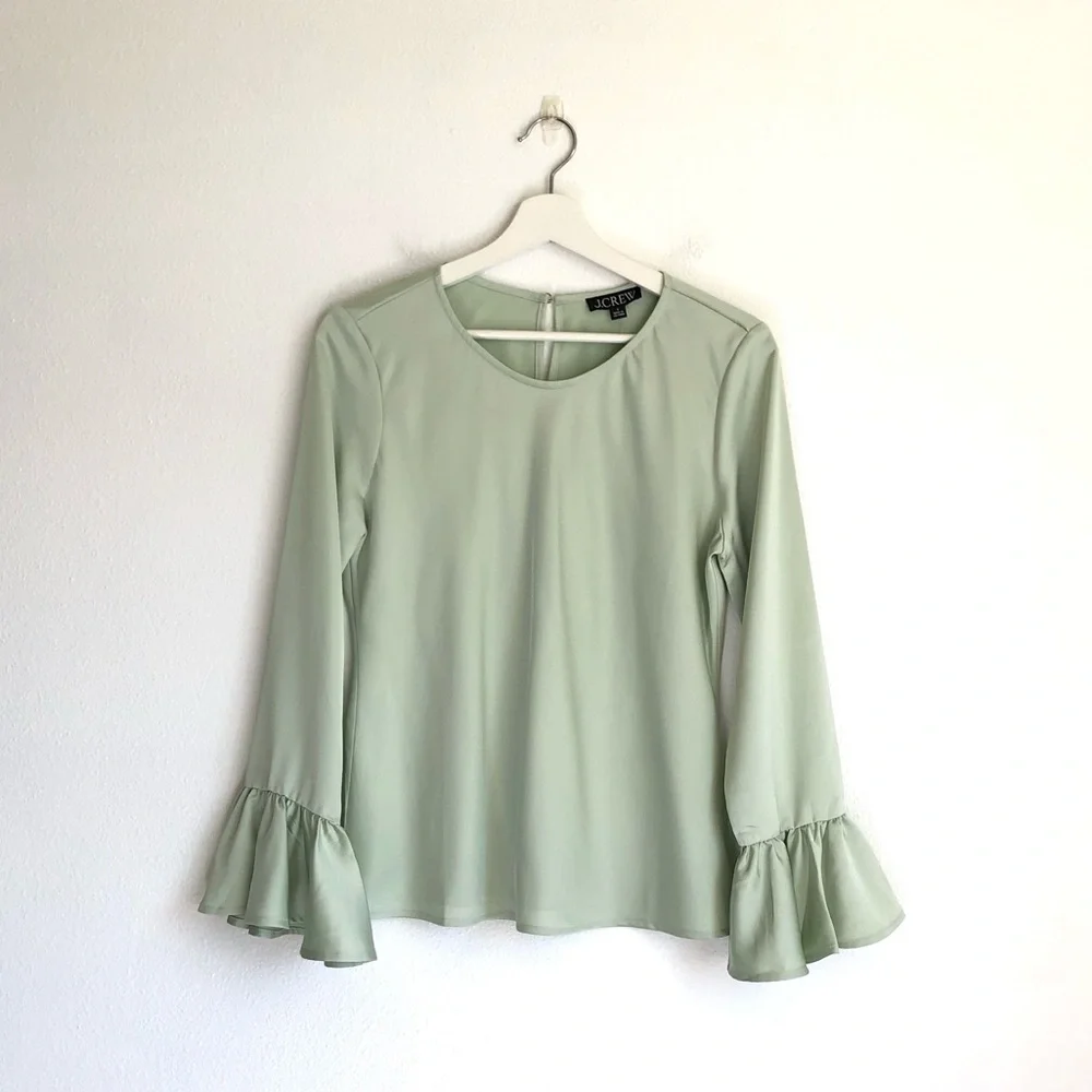 NWT J. Crew Light Green Satin Trumpet Long Sleeve Blouse Top Size Small